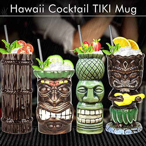 SuproBarware Tiki Mugs Set 4pcs Ceramic Mug Tropical Tiki Mug Hawaiian Cocktail Drink Mug (4pcs Set)