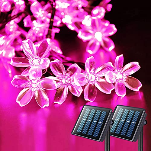 JMEXSUSS 2 Pack Purple Solar Flower String Lights, Each 30.6FT 50 LED Solar Powered Christmas Lights Outdoor Waterproof, 8 Modes Solar Halloween Lights for Garden Yard Patio Tree Halloween Decoration