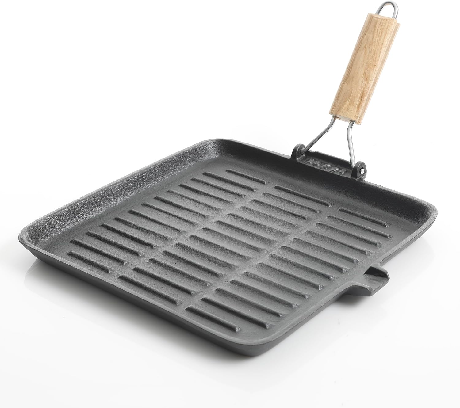 Gibson Home General Store Addlestone Preseasoned Grill Pan, with Foldable Wood Handle, Cast Iron, 11-inches Square, 124974.01, Black