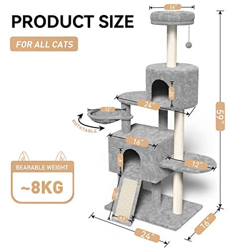 Hawsaiy Multi Level 58 inch Cat Tree Tower for Indoor Cat Kitten Furniture Condo Activity Center Play House with Scratching Sisal Posts Pad,Hammock,Ladder Beige (58