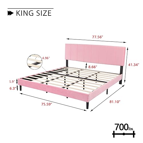 alazyhome Upholstered Full Size Pink Platform Bed Frame with Velvet Upholstered Headboard Wooden Slats Support No Box Spring Needed Easy Assembly