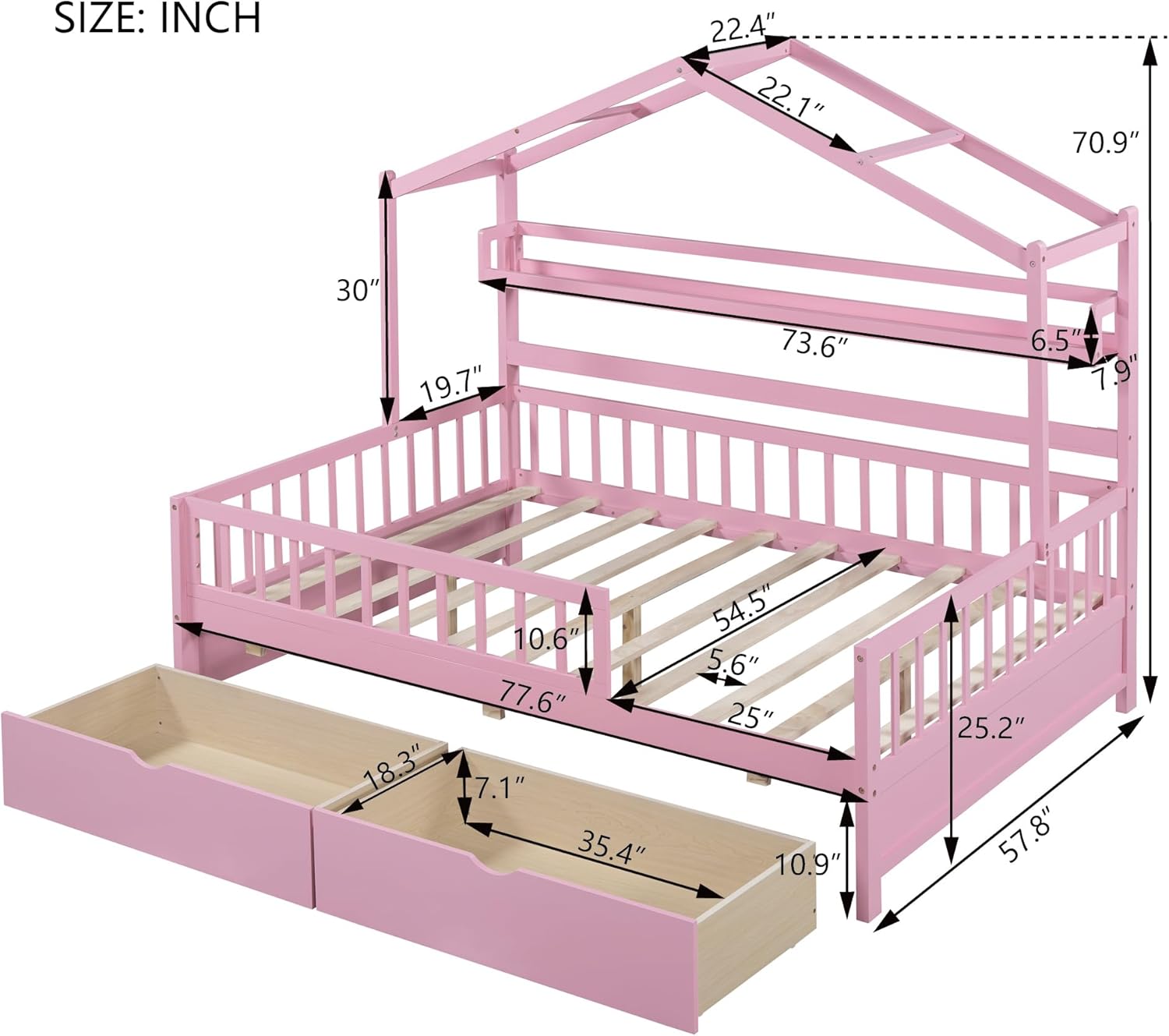 House Full Size Platform Bed with 2 Drawers, Wooden Low Daybed with Storage Shelf and Roof Design, for Kids Teens Girls, Pink