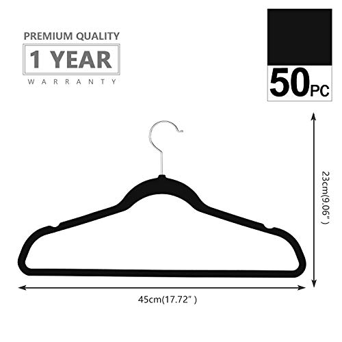 MIZGI Premium Velvet Hangers (50 Pack) Heavyduty - Non Slip Felt Hangers - Velvet Suit Hangers Black - Chrome Hooks,Space Saving Clothes Hangers