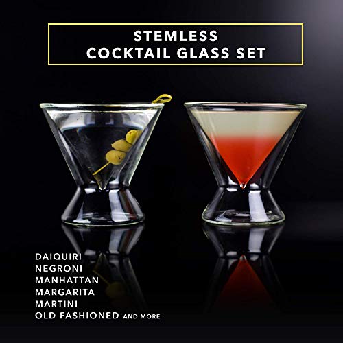 Dragon Glassware Stemless Martini Glasses - 7oz Clear Martini Glasses Set of 2 - Double Wall Insulated Cocktail Glass Set - Unique and Fun Gift for Espresso Martini Lovers