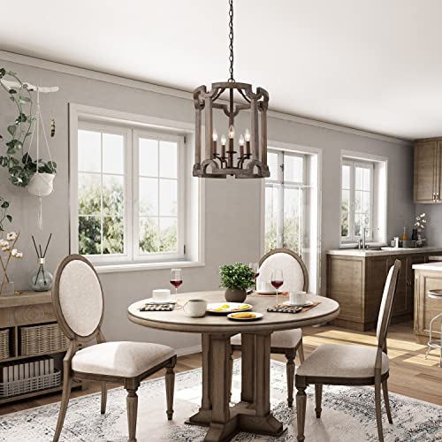 KSANA Farmhouse Chandelier, 5-Light French Country Wood Drum Light Fixture with Distressed White Finish for Dining Room, Living Room, Bedroom, Kitchen Island, and Foyer