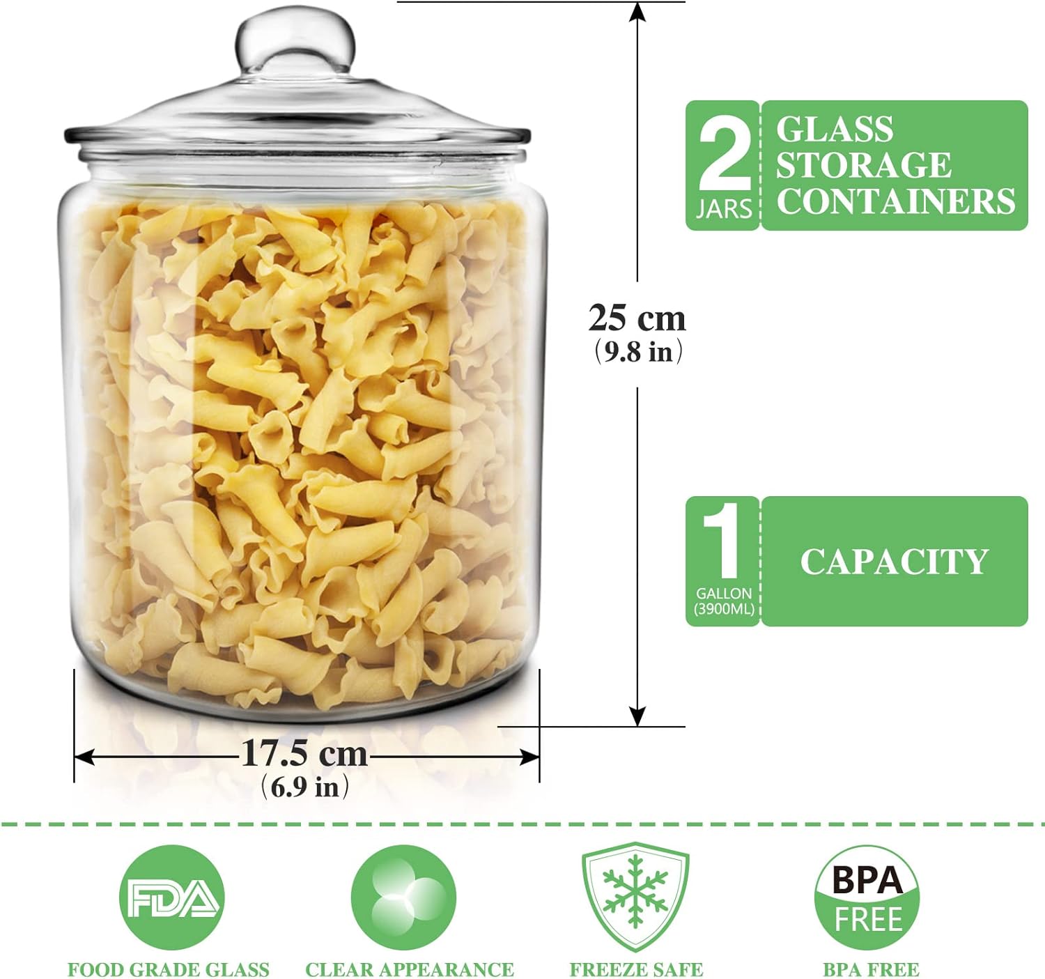 Masthome 1 Gallon Glass Storage Jars Set of 2,Airtight Cookie Jar for Flour Sugar Coffee,Clear Food Storage Canisters with Lids for Kitchen Counter Pantry Well Organization(15 pcs Food Storage Bag)