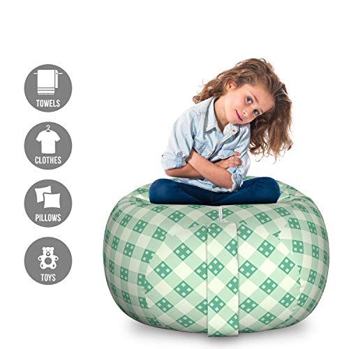 Ambesonne Mint Storage Toy Bag Chair, Old Fashion Striped Pattern with Geometrical Details Checkered Simple Tile, Stuffed Animal Organizer Washable Bag, Large Size, Mint Green Pale Green