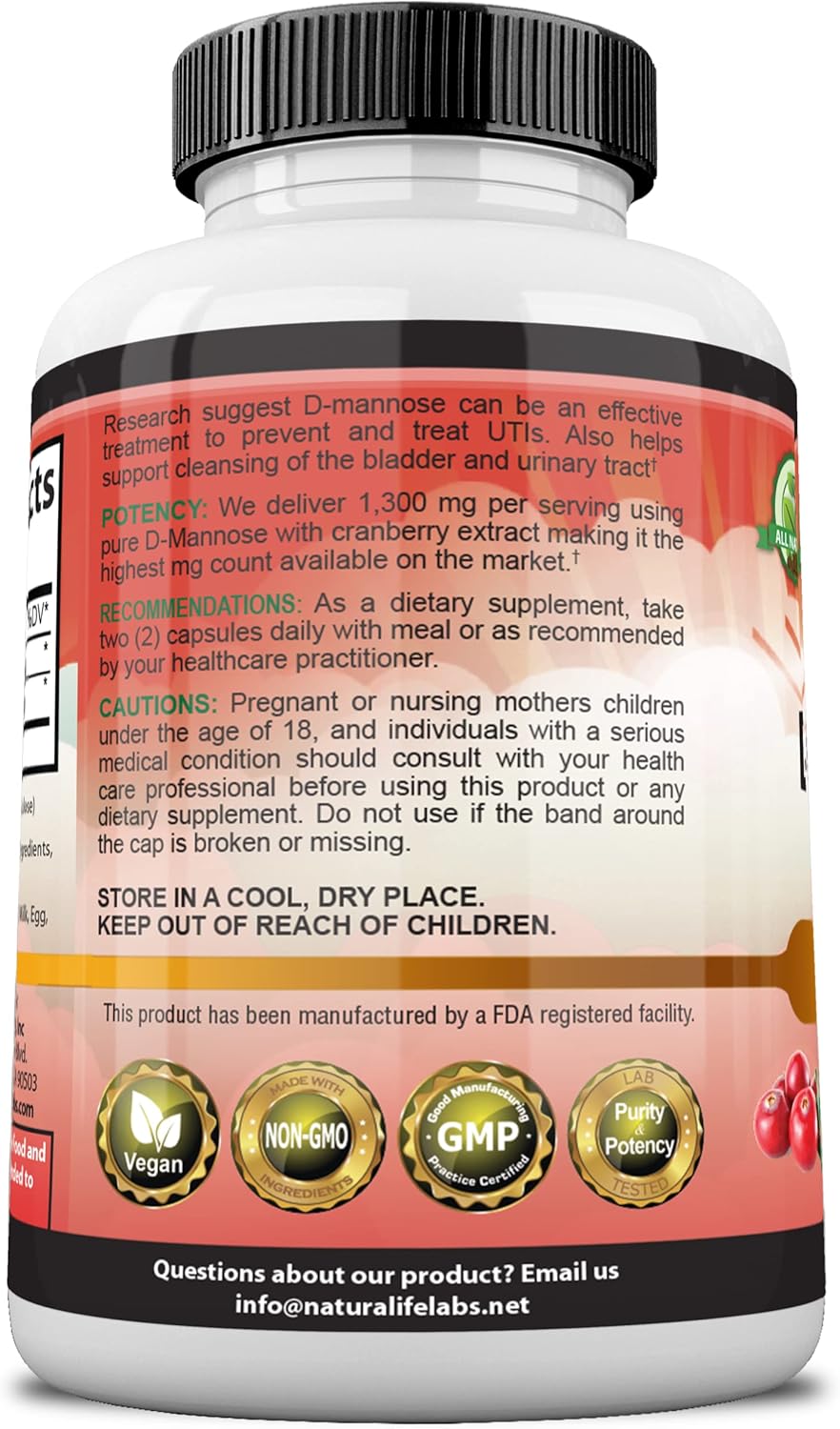 D-Mannose 1,300 mg with Cranberry Extract Fast-Acting, Flush Impurities, Urinary Tract Health- 100 Veggie Capsules