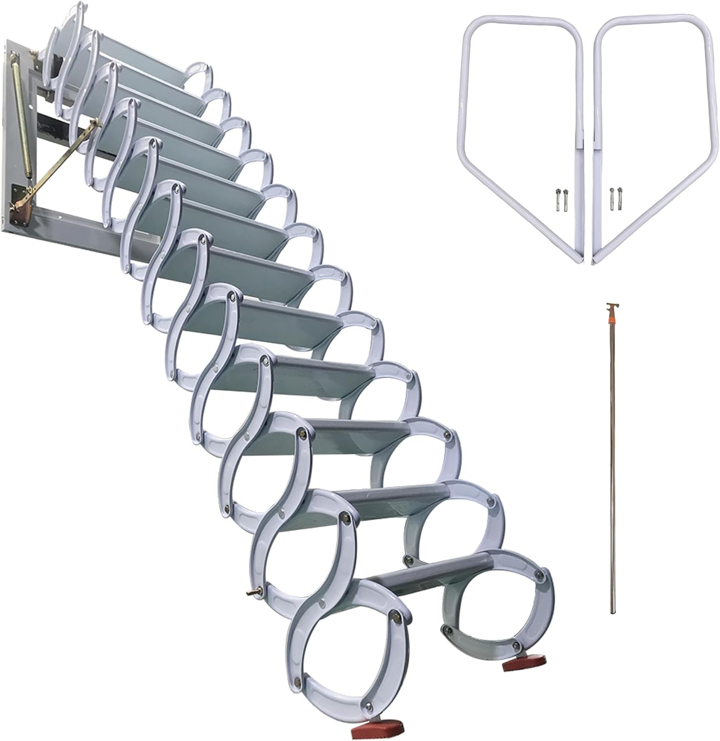 TECHTONGDA Loft Ladder Al-Mg Alloy Attic Steps Pull Down 12 Steps Attic Stairs Wall-mounted Folding Ladder Attic Loft Ladder Stairs with Armrests 9.8ft Height 27.6x27.6in Frame Size