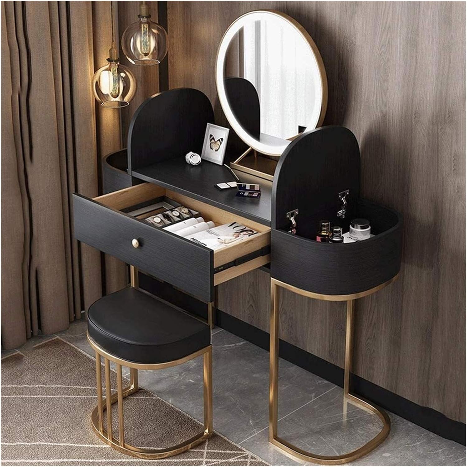 Luxury Dressing Vanity Table w/Stool for Bedroom, Solid Wood Dressing Table Modern Minimalist Female Net Style Dressing Table with LED Mirror Light