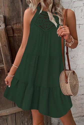 Wkior Womens Summer Dresses 2024 Casual Halter Sleeveless Flowy Mini Dress Tiered Pleated Beach Sundress