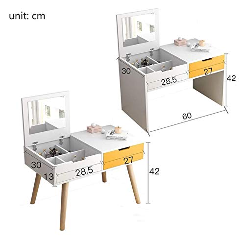 Luxury Dressing Vanity Table w/Stool for Bedroom, 2-in-1 Vanity Table with Flip Top Mirror Makeup Dressing Table Mini Writing Desk with Drawers, Makeup Organizers(White Yellow-a)