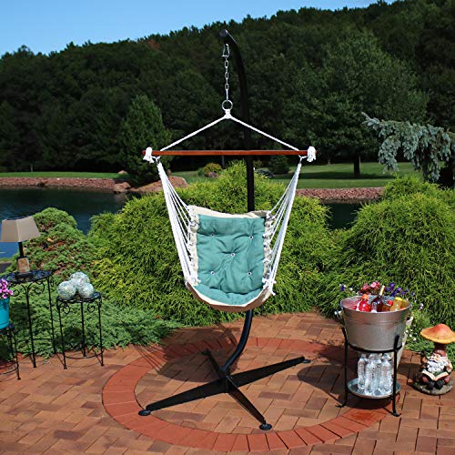 Sunnydaze Tufted Victorian Hammock Chair Swing with Steel C-Stand - 300-Pound Capacity - Black Stand - Gray
