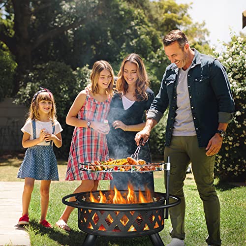 Amopatio 36 Inch Fire Pit with Grill, 2-in-1 Large Outdoor Fire Pits, Wood Burning Firepit with Cooking Grate for Backyard, Bonfire, Camping, Picnic (Include Waterproof Cover)