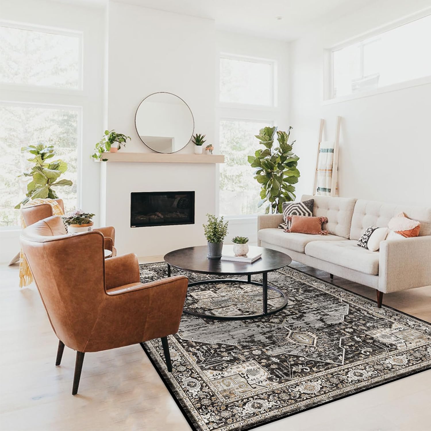 Washable 5x7 area rugs - Large Rugs for Living Room Stain Resistant Carpet Vintage Rugs for Bedroom with Non Slip Backing Home Decor Floor Decoration Mat (5x7 Black)