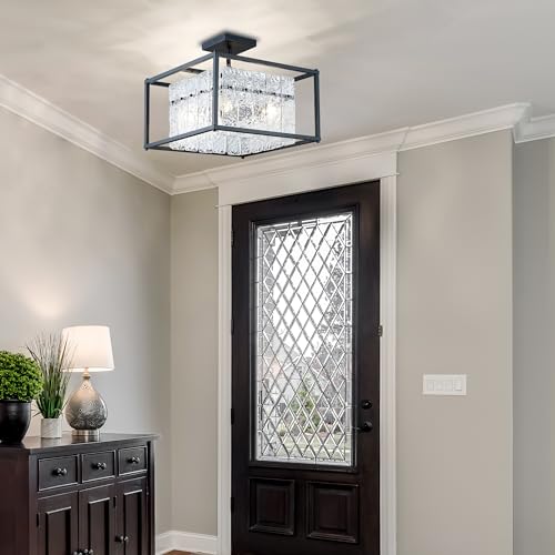 Modern Square Pendant Light for Dining Rooms, Black L7 Elegant Water Ripple Crystal Chandeliers, Farmhouse Chandelier Light Fixture for Kitchen Island, Living Room, Foyer.…