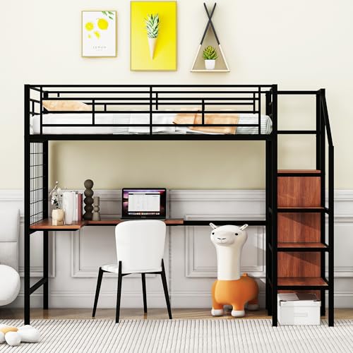 Twin Size Metal Loft Bed - Integrated Desk, Wardrobe, Lateral Storage Ladder & Metal Grid, Sleek Black Frame