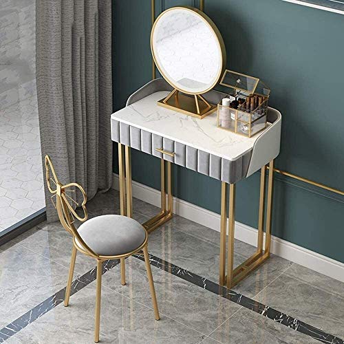 Luxury Dressing Vanity Table w/Stool for Bedroom, Modern Minimalist Light Luxury Nordic Marble Surface Dressing Table Bedroom Mini Small Makeup Table(Style 1 (100cm))