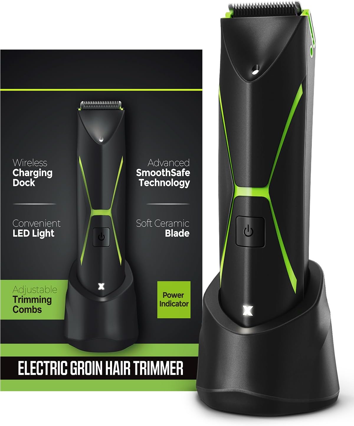 Brightman Body Hair Trimmer for Men - Men Ball Trimmer, Groin Hair Trimmer with 3 Trimming Combs, Waterproof Pubic Hair Trimmer with Replaceable Ceramic Blade, Wireless Charger Dock Body Groomer