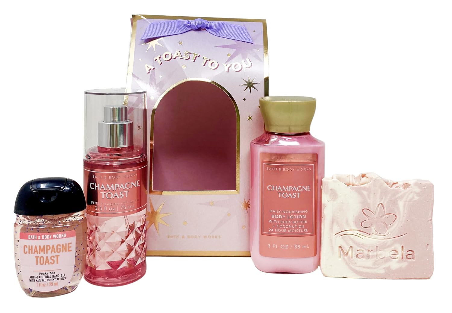 Bath & Body Works Champagne Toast - Mini Gift Set - Fine Fragrance Mist, Body Lotion and Hand Gel With a Himalayan Salts Springs Sample Soap.