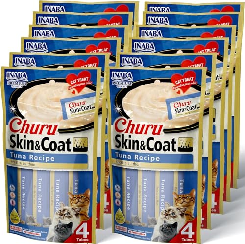 INABA Churu for Skin and Coat Lickable Purée Natural Cat Treats with Omega Oils, Taurine and Green Tea, 0.5 Ounces Each - 2 Flavor Variety Pack (48 Tubes)