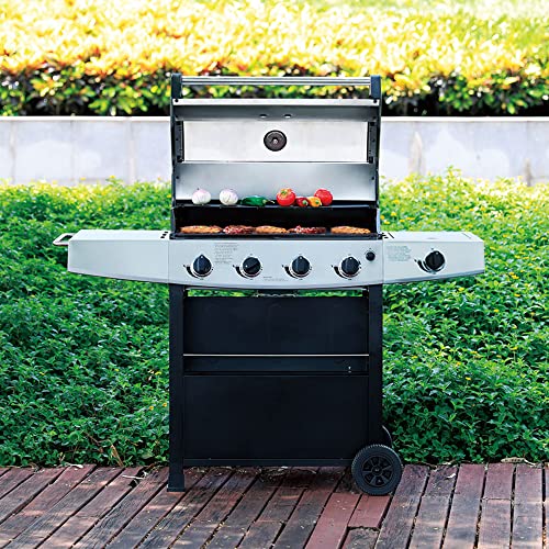 Liquid Propane Gas Grill, Stainless Steel BBQ Grill High Performance 4 Burners with Side Burner, 60,000 BTU Cart Style Perfect Patio Garden Picnic Backyard Barbecue Grill.