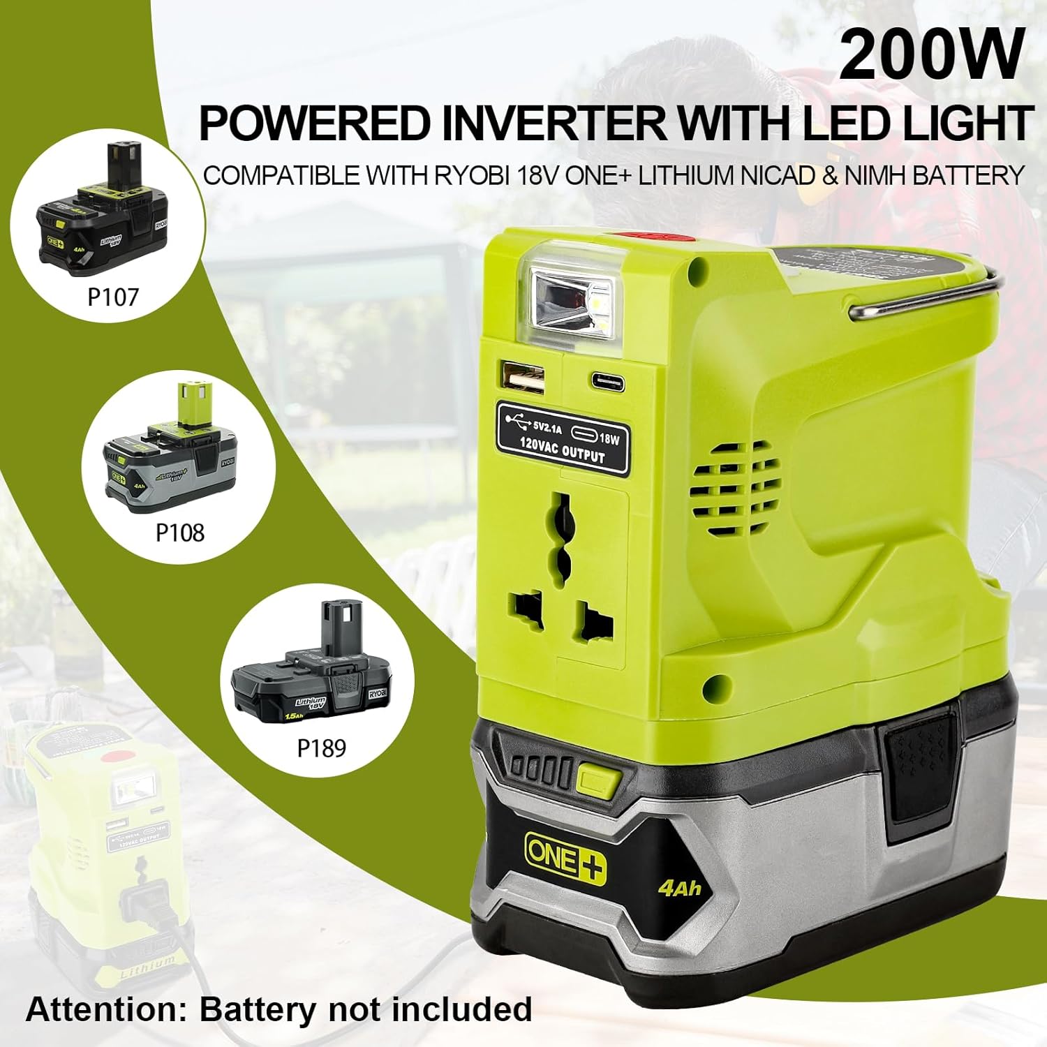 WaxPar 200W Power Inverter Compatible with Ryobi One+ 18V Battery DC 20V to AC 110~120V Outdoor Generator with AC Outlet, LED Light, USB Port, Type C Port Modified Sine Wave Power Inverter