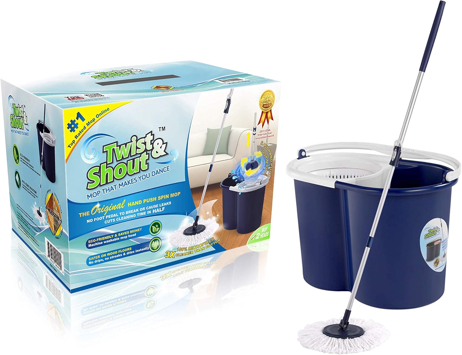Twist and Shout Mop - Award Winning Original Hand Push Spin Mop with 2 Microfiber Mopheads