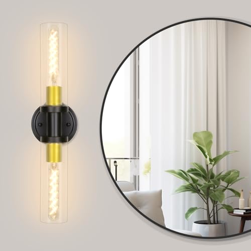 SILAMPDI Black Vanity Lights for Bathroom, 2-Light Wall Light Fixtures with Clear Glass Shade, Modern Sconces Wall Lighting for Mirror, Living Room, Bedroom, Hallway, E26 T10 Bulbs(Excluded)