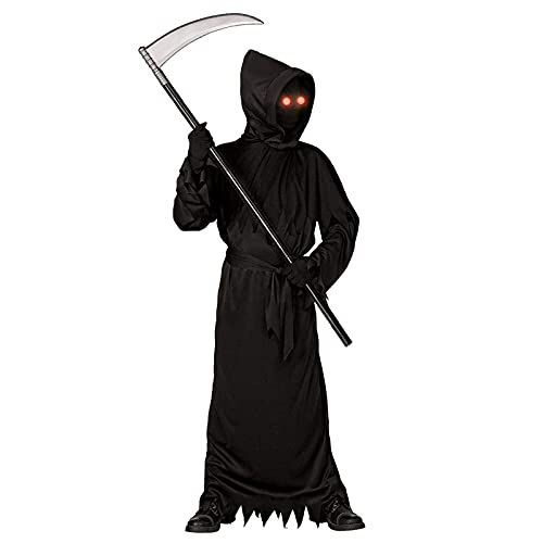 Grim Reaper Halloween Costume with Glowing Red Eyes for Kids, Scythe Included
