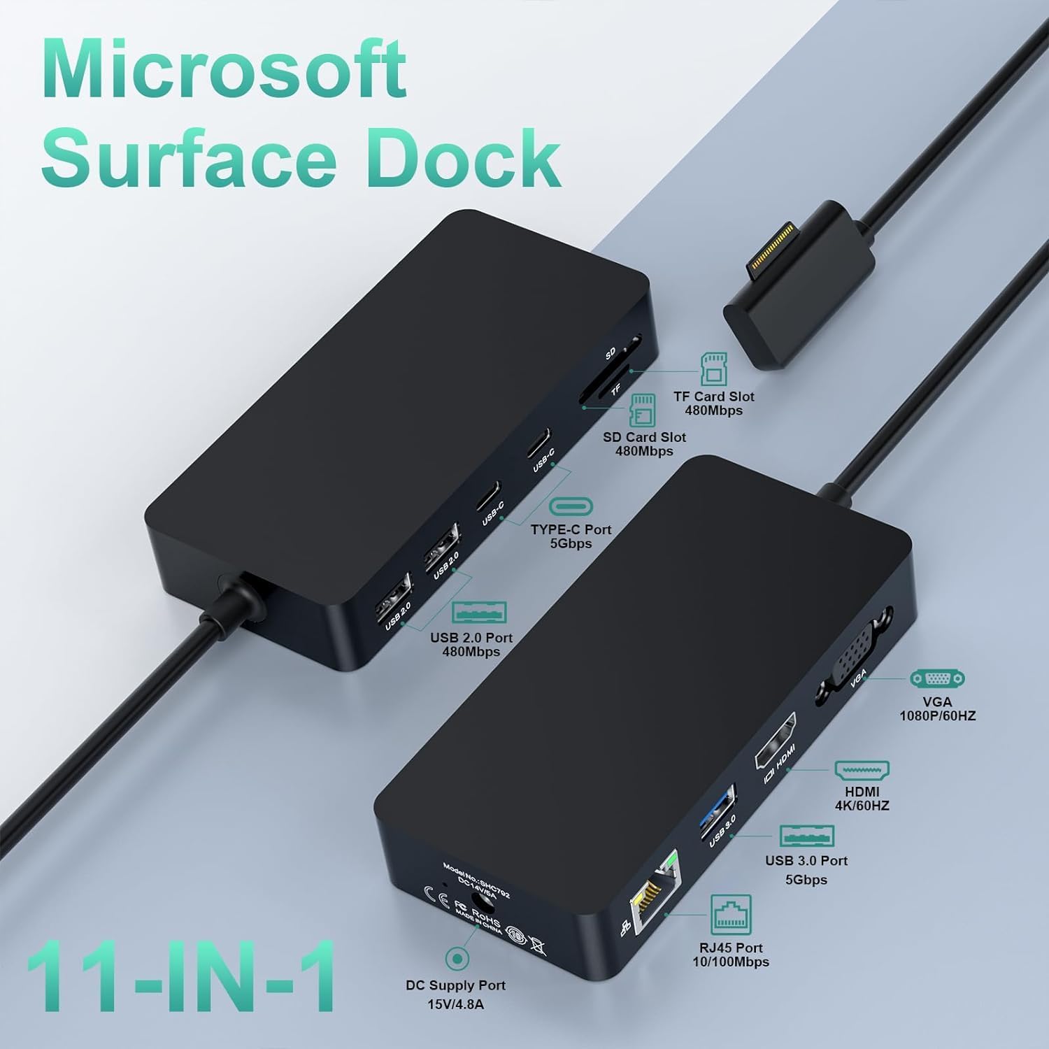 Microsoft Surface Pro Docking Station, Surface Dock Triple Display 4K HDMI+VGA with 60W Power, 11 IN 1 Microsoft Surface Dock for Surface Pro 9/8/X/7/6/5/4/3, Surface Laptop go/5/4/3/2/1, Surface Book