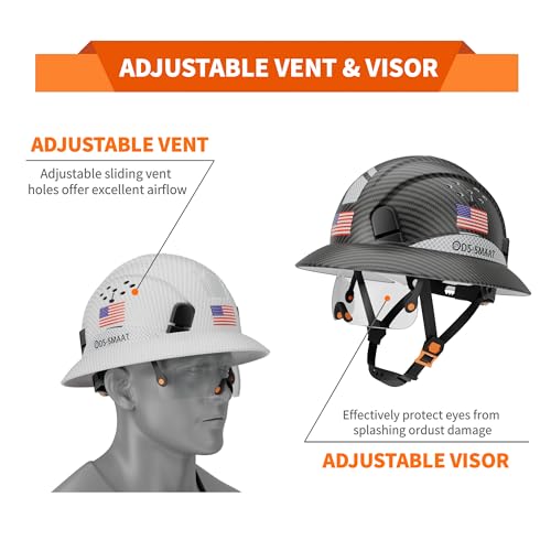 Full Brim Construction Hard Hat with Visor, 6-Point Ratchet Suspension Safety Helmet, Superior Impact Head Protection for Industry Use,ANSI Z89.1 Approved Safety Helmet,Great for Men&Women