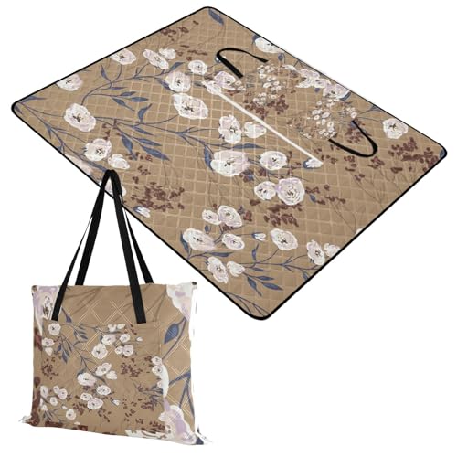 Vintage Flowers Extra Large Picnic Outdoor Blanket, Foldable Beach Blanket Waterproof Sandproof Camping Mat for Family Travel Park Wet Grass Hiking Yoga, 60 x 80 Inch