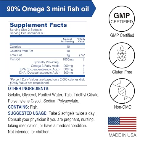 rTG 90 Mini Fish Oil, 2000mg Daily| High Absorption rTG form, 90% Omega-3 | Burpless, Easy to Swallow | Support Healthy Heart, Brain and Eyes | 120 Enteric-Coated Softgels
