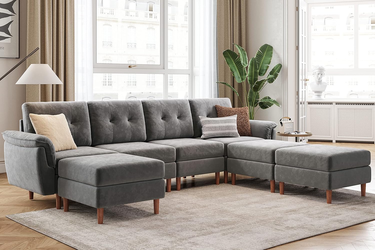 LINSY HOME Modular Sectional Sofa, Velvet Sectional Sofa Couch with Memory Foam, U Shape 7 Seat Modular Sectionals with Ottomans, Sleeper Sofa Couches with Chaise for Living Room, Grey