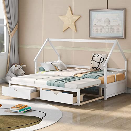 Extending Daybed with Two Storage Drawers, Twin to King Daybed House Bed Frame,Wooden Multi-Function Daybed for Bedroom Living Room,White (Color : Brown)