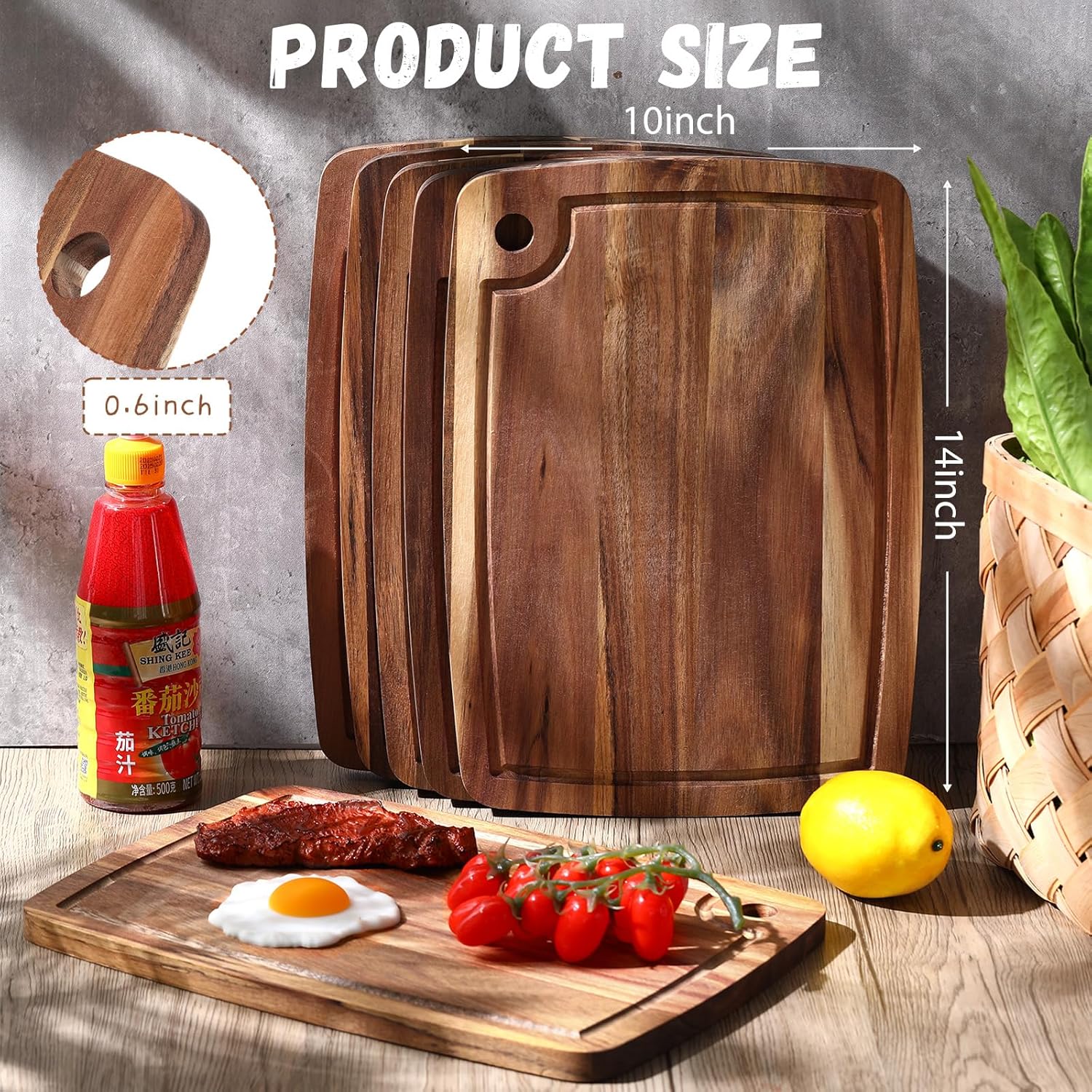 6 Pieces Acacia Wood Cutting Board Kitchen Wooden Chopping Board with Juice Groove Reversible Charcuterie Serving Board Butcher Block Cutting Board for Meat, Cheese, Vegetables, 14