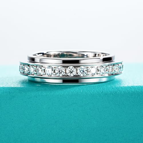 AnuClub Moissanite Gear Spinner Rings 14K Plated 2/2.5mm D Color VVS1 Moissanite Fidget Bands Eternity Rings for Women