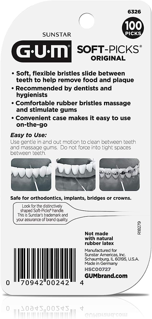 GUM Soft-Picks Original, Easy to Use Dental Picks for Teeth Cleaning Health, Disposable Interdental Brushes with Convenient Carry Case, 100ct (100 Count)