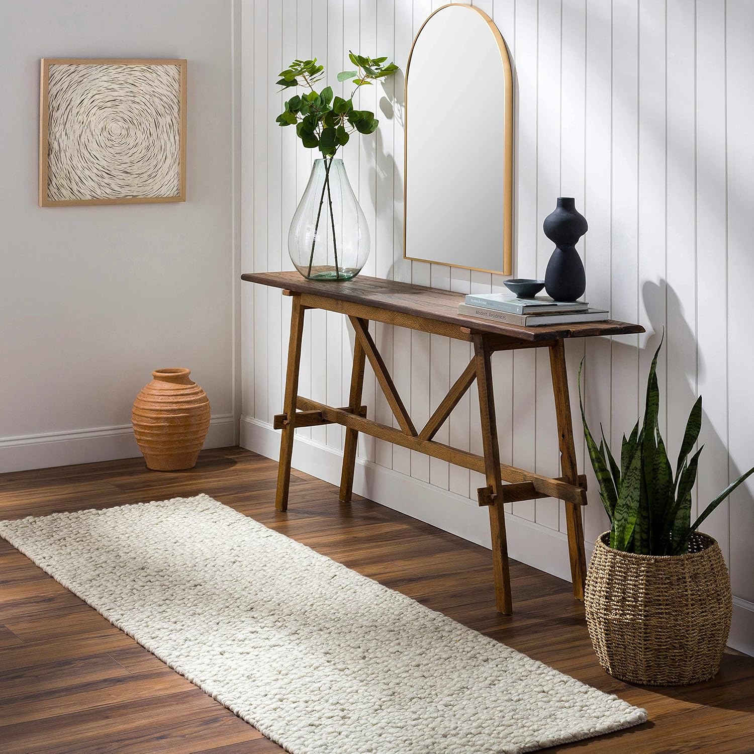 Hauteloom Penmaenmawr Boho Natural Fibers Farmhouse Living Room Bedroom Wool Area Rug - Neutral Handmade Bohemian Carpet - Brown, Cream - 5' x 7'6