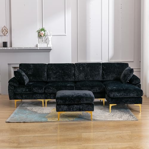 Modern Sectional Sofa, U-shaped Sofa Couch Furniture Sets with 2 Pillows, 4 Seat Sofa with Ottoman for Living Room, Hotel, Black-A