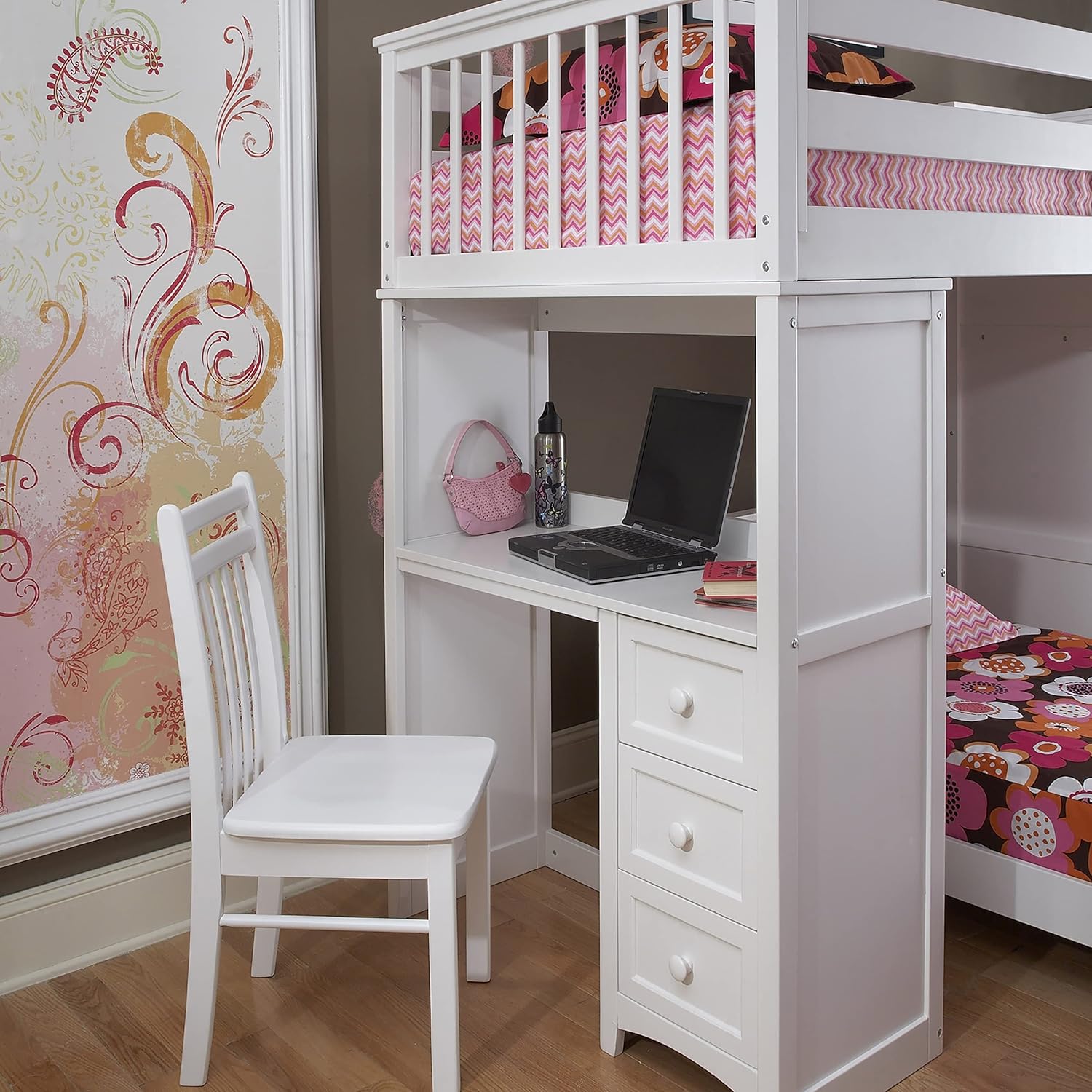 Hillsdale NE Kids School House Stair Loft with Desk End and Full Lower Bed White