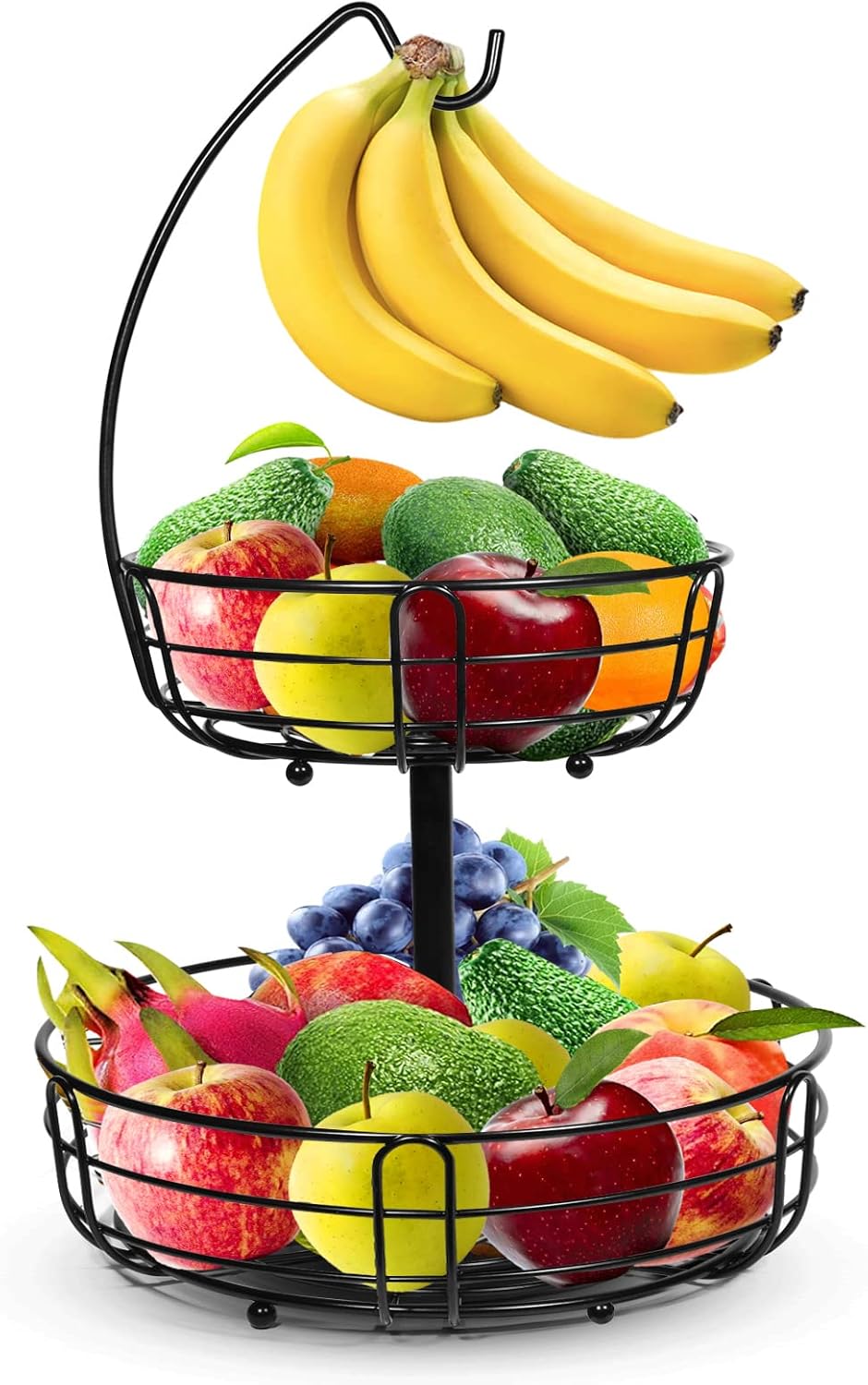 Fruit Basket - 2 Tier Fruit Bowl with Banana Hanger for Kitchen (Black)