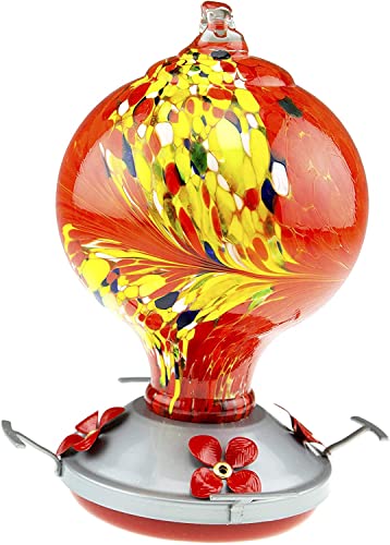Hummingbird Feeder with Perch | Hand Blown Globe Glass in Green | 29 Fluid Ounces Humming Bird Nectar Capacity with Hanging Metal Wires and Ant Moat Hook