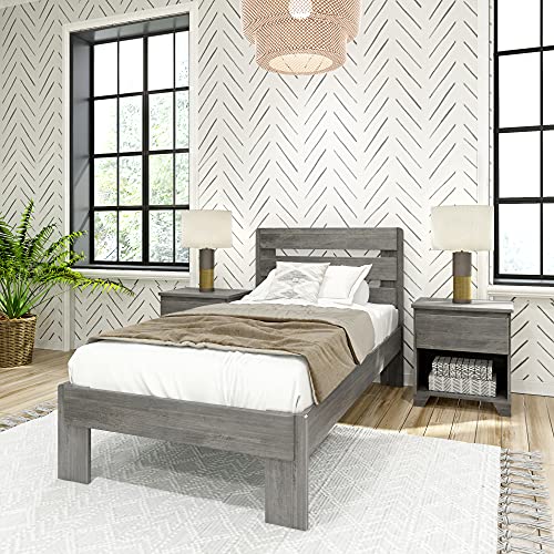 Max & Lily Modern Farmhouse Twin Bed, Bed Frame with Headboard For Kids, Panel, White Wash
