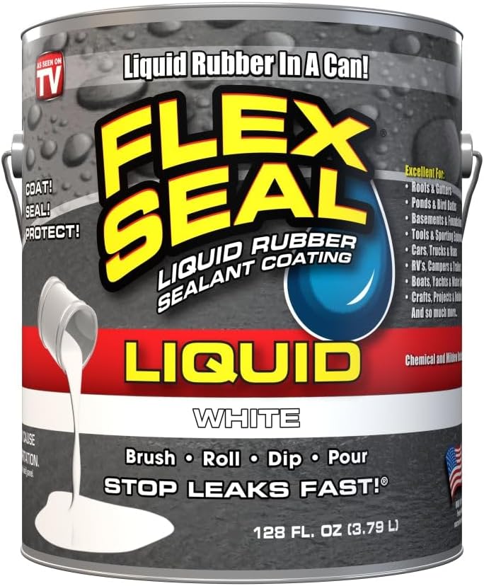 Flex Seal Liquid, Liquid Rubber Coating Sealant, Waterproof, Flexible, Breathable, and UV Resistant, Roof Repair, Basements, RV, Campers, Trailers, Marine, EPDM, Masonry, 1 Gallon, White