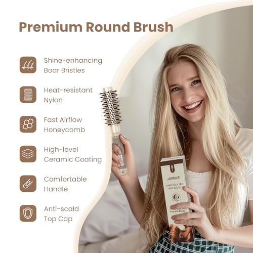 Round Brush, Nano Thermal Ceramic & Ionic Tech Hair Brush, Round Barrel Brush with Boar Bristles, Enhance Texture for Hair Drying, Styling, Curling and Shine (Barrel 2.1 Inch) + 4 Free Clips by AIMIKE