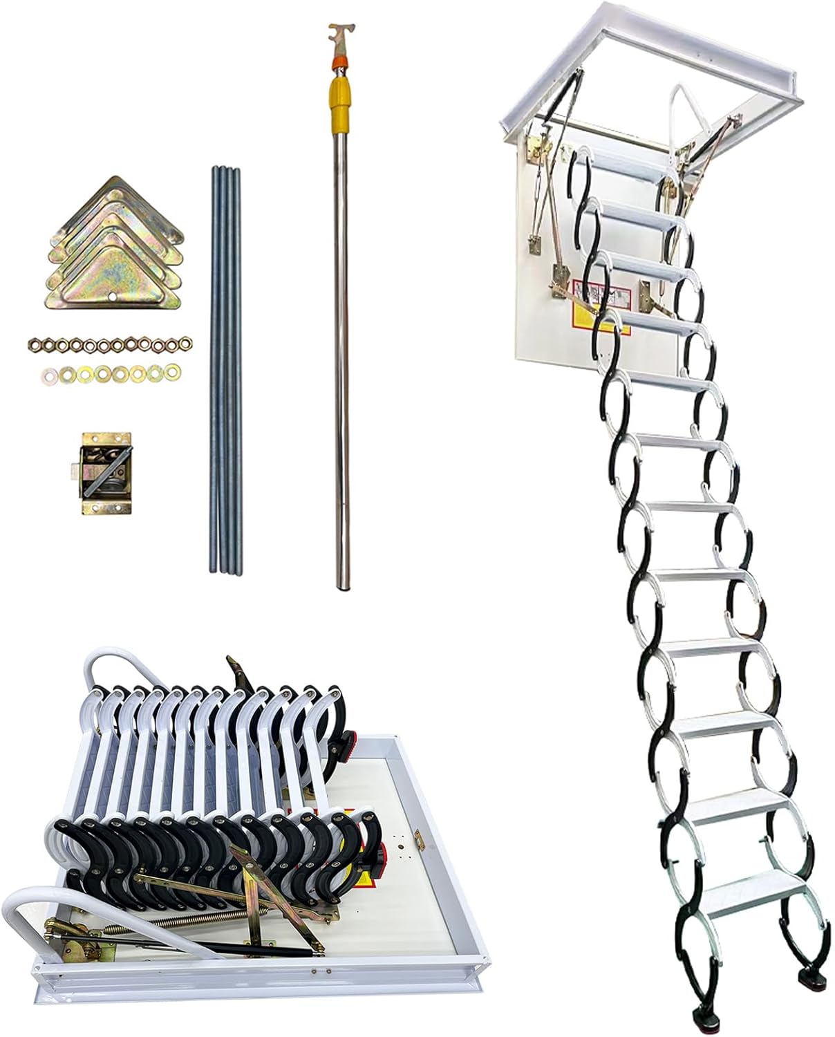 TECHTONGDA Ceiling Attic Loft Ladder, Retractable Pull Down Attic Ladder, 12 Steps Folding Ladder Attic Extension Stairs, 9.84ft Adjustable Height, 660lbs Capacity, 31.5'' x 39.4'', Black + White