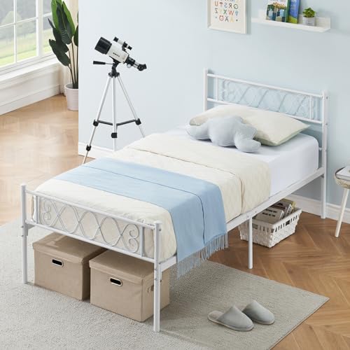 IDEALHOUSE White Metal Twin Bed Frame with Headboard and Footboard for Girls and Boys, Twin Size Platform Bed Frame with Iron-Art Sweet Heart, No Box Spring Needed, Easy Assembly