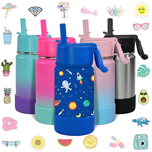 CHILLOUT LIFE 12 oz Kids Insulated Water Bottle for School with Straw Lid Leakproof and Cute Waterproof Stickers, Personalized Stainless Steel Thermos Flask Metal Water Bottle, Pink Sparkle